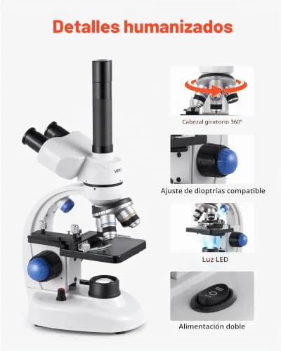 VEVOR ▫️ Microscópio composto com ampliação de 40-5000X, kit de microscópio trinocular com corpo em liga de alumínio e iluminação LED, suporte para telemóvel, para estudantes, laboratório e escola 5