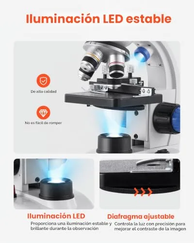 VEVOR ▫️ Microscópio composto com ampliação de 40-5000X, kit de microscópio trinocular com corpo em liga de alumínio e iluminação LED, suporte para telemóvel, para estudantes, laboratório e escola 6