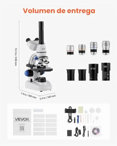 VEVOR ▫️ Microscópio composto com ampliação de 40-5000X, kit de microscópio trinocular com corpo em liga de alumínio e iluminação LED, suporte para telemóvel, para estudantes, laboratório e escola 7
