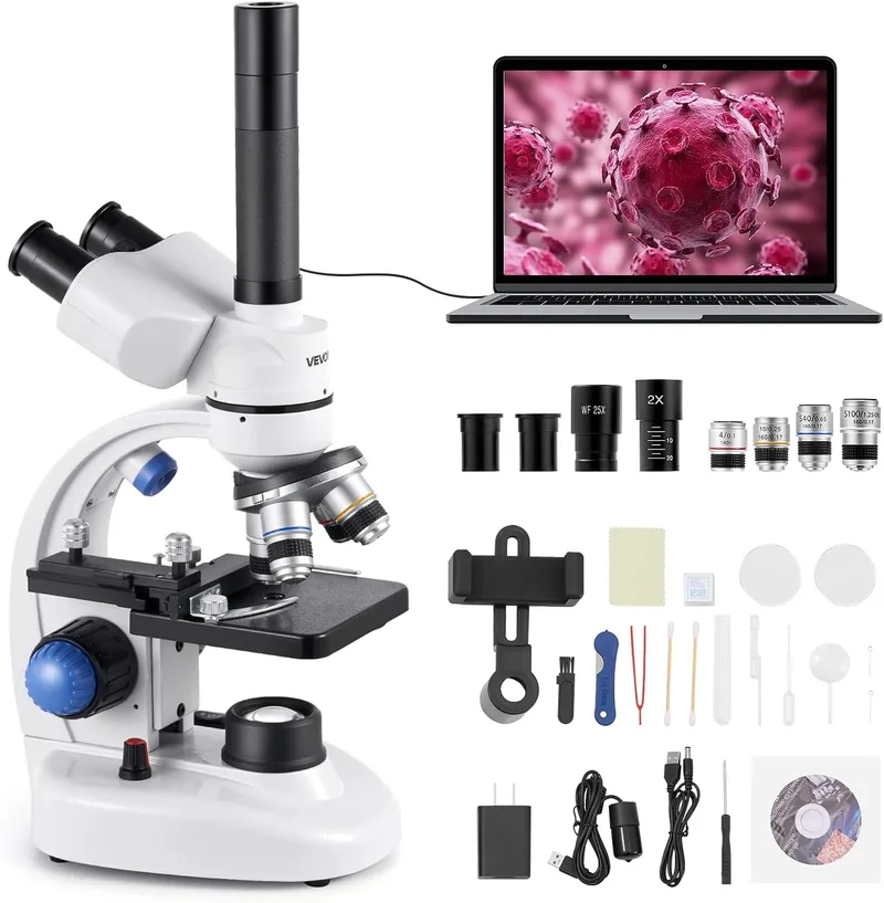VEVOR ▫️ Microscópio composto com ampliação de 40-5000X, kit de microscópio trinocular com corpo em liga de alumínio e iluminação LED, suporte para telemóvel, para estudantes, laboratório e escola