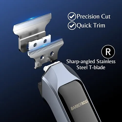 BARBERBOSS ▫️ Máquina de cortar cabelo sem fios para homem, máquina de barbear em forma de T, kit de higiene à prova de água com 4 pentes-guia, ecrã LCD, carregamento rápido por USB, máquina de cortar cabelo facial e corporal (Preto) 7