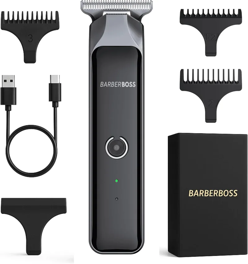 BARBERBOSS ▫️ Máquina de cortar cabelo sem fios para homem, máquina de barbear em forma de T, kit de higiene à prova de água com 4 pentes-guia, ecrã LCD, carregamento rápido por USB, máquina de cortar cabelo facial e corporal (Preto)