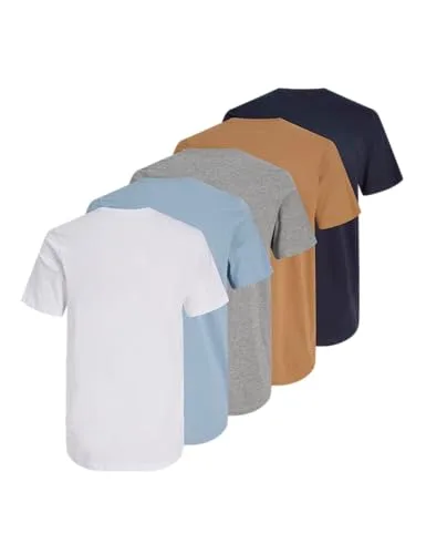 JACK & JONES ▫️ T-shirts para homem T-shirts de manga curta com gola redonda, embalagem de 5 unidades, Cor: Multicolorida, Tamanho: L, artigo: castanho Tobacco/Branco/Azul-marinho/Azul-claro/LGM 4