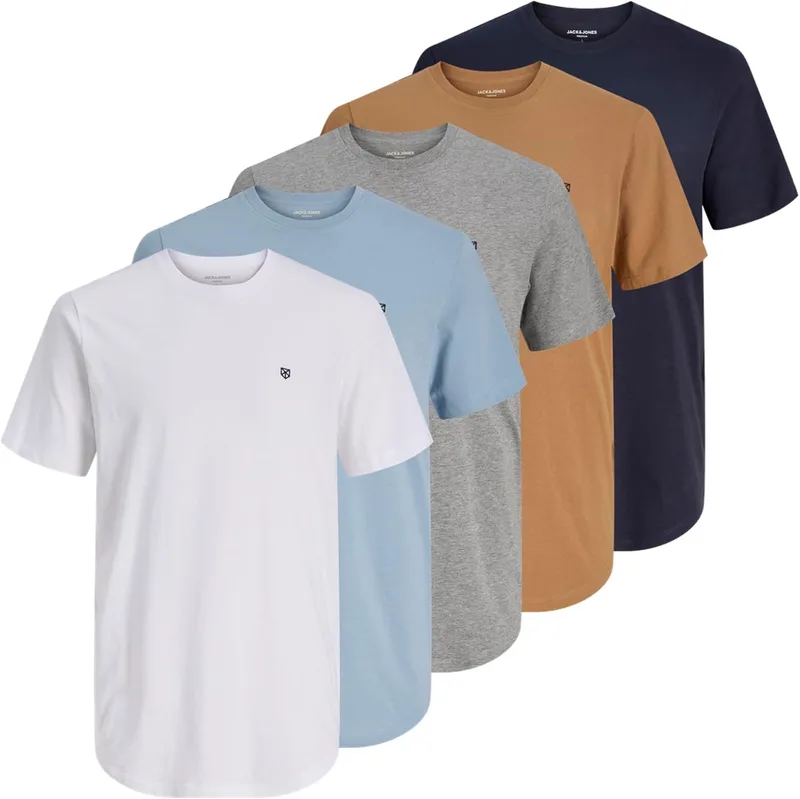 JACK & JONES ▫️ T-shirts para homem T-shirts de manga curta com gola redonda, embalagem de 5 unidades, Cor: Multicolorida, Tamanho: L, artigo: castanho Tobacco/Branco/Azul-marinho/Azul-claro/LGM