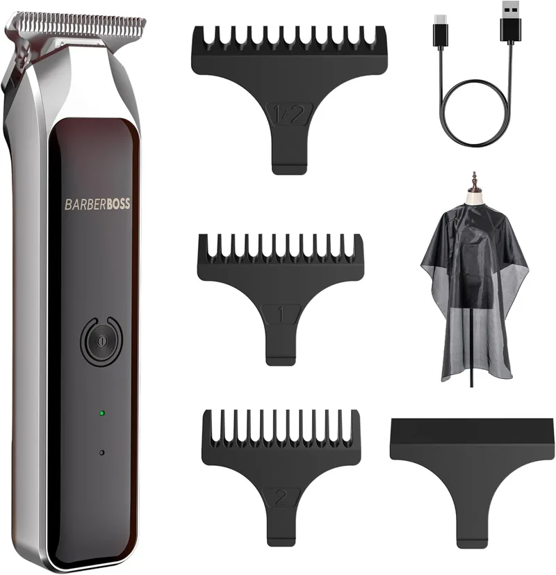 BARBERBOSS ▫️ Aparador de pormenores para homem, máquina de barbear facial com lâmina em T, carregamento USB, 3 pentes-guia, aparador de barba compacto sem fios com indicador LED