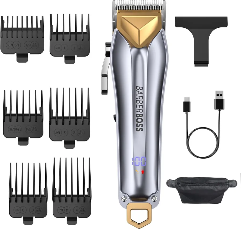BARBERBOSS ▫️ Men's Hair and Beard Trimmer Kit, Men's Cordless, Trimmer with Adjustable Disc, 6 Comb Guards, USB Charging and LED Display, Complete Grooming Set, Men's Hair and Beard Trimmer, Men's Wireless, Men's Hair and Beard Trimmer with Adjustable Disc, 6 Comb Guards, USB Charging and LED Displ