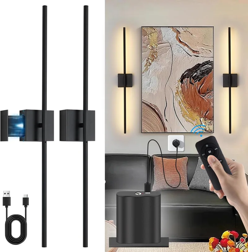 Linkenail ▫️ Conjunto de 2 apliques de parede LED sem fios, recarregáveis via USB, com comando e controlo tátil, bateria de 6000 mAh, intensidade regulável, rotação de 350°, para sala de estar e quarto, preto, 80 cm