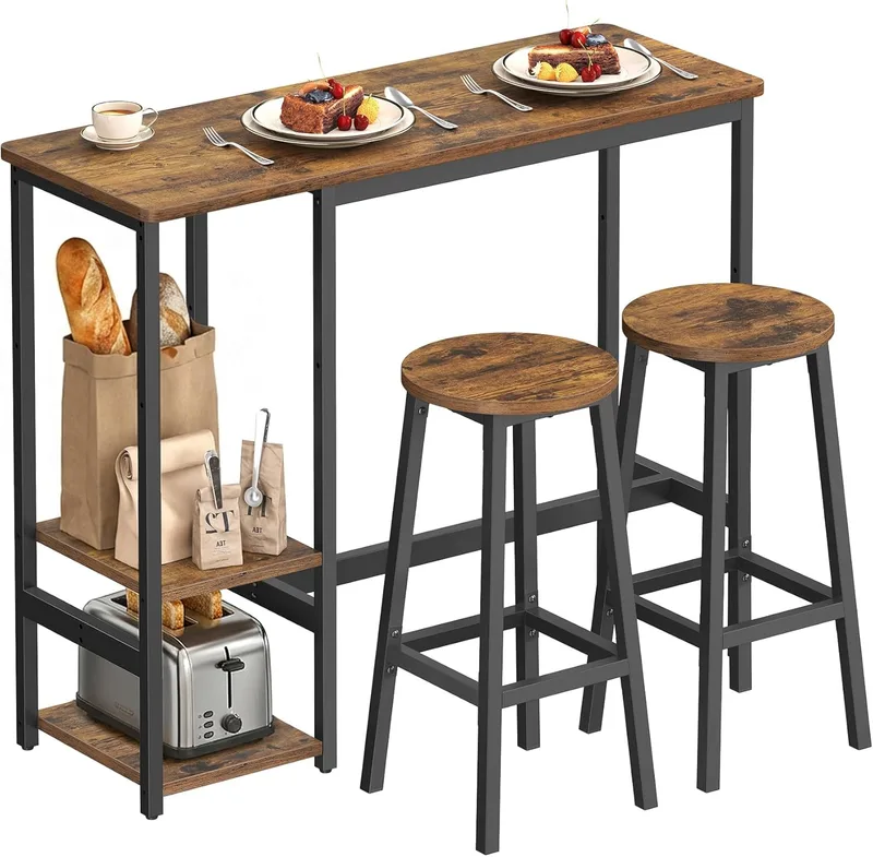 VASAGLE ▫️ 1 Mesa com 2 Cadeiras de Cozinha, Conjunto de Jantar, com Prateleiras de Arrumação, para Sala de Estar e Cozinha, Estrutura de Aço, Fácil Montagem, Castanho Rústico e Tinta Preta LBT220KD01