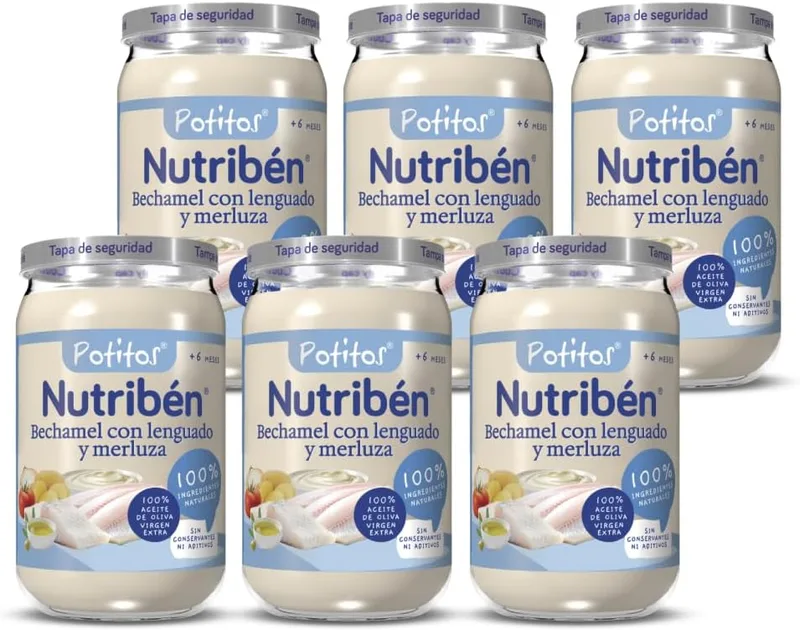 Nutribén ▫️ Potitos de Bechamel com Linguado e Pescada | A partir dos 6 meses | Embalagem de 6 x 235 gr | Sem Glúten | Sem Amido | Sem Ovo e Sem Leite
