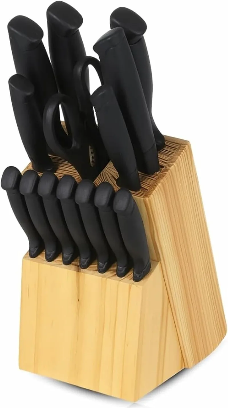 PARENCE ▫️ .- Conjunto de facas de cozinha de 14 peças com bloco de madeira — lâminas em aço inoxidável com revestimento preto, faca de chef, faca de pão, faca de bife + tesoura