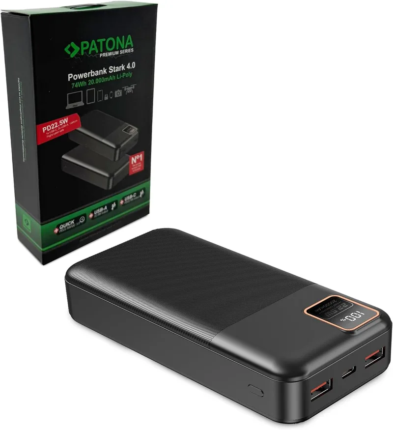 PATONA ▫️ Premium Power Bank Stark 4.0 | PD22.5W | 20 000 mAh, 74 Wh | Tipo: polímero de lítio | Saída: 2 x USB-A - 1 x USB-C 5 A máx. | Proteção - Sobrecarga, descarga profunda, curto-circuito