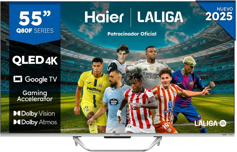 Haier ▫️ QLED 4K UHD H55Q80FUX - 55", Smart TV, Google TV, Dolby Atmos e Dolby Vision, HDR 10+, Controlo remoto inteligente, Google Assistant, Bluetooth 5.1, DBX TV, HDMI 2.1 x 4, sem moldura, 2025