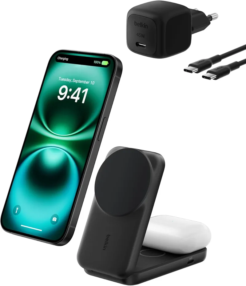 Belkin ▫️ Carregador sem fios UltraCharge Qi2, carregador magnético 2 em 1 compatível com MagSafe com porta USB-C, 25 W para iPhone 17, iPhone Air, AirPods, Pixelsnap com adaptador de 45 W - Preto