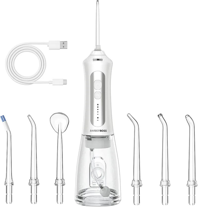 BARBERBOSS ▫️ Fio dental portátil, irrigador oral recarregável, kit de fio dental com 5 níveis de pressão, 5 bicos intercambiáveis, reservatório de água de 300 ml e design intuitivo