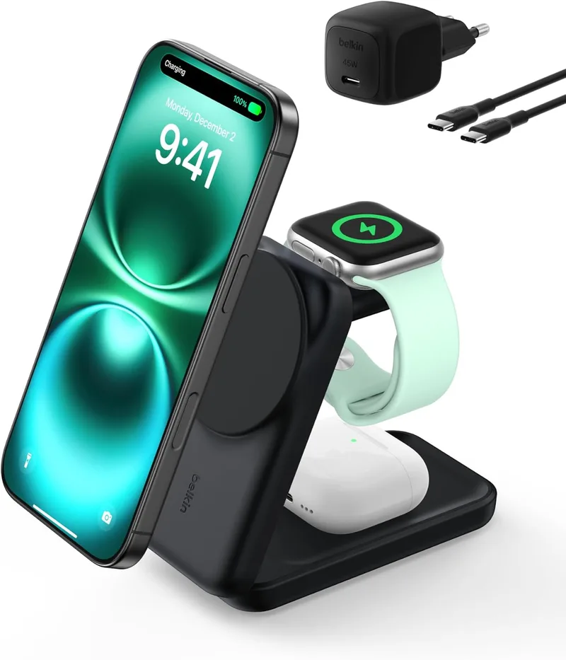 Belkin ▫️ Carregador sem fios UltraCharge 3 em 1 Qi2, 25 W, carregador magnético compatível com MagSafe, estação de carregamento para iPhone 17, Air, Apple Watch, AirPods, Pixelsnap, adaptador de 45 W - Preto