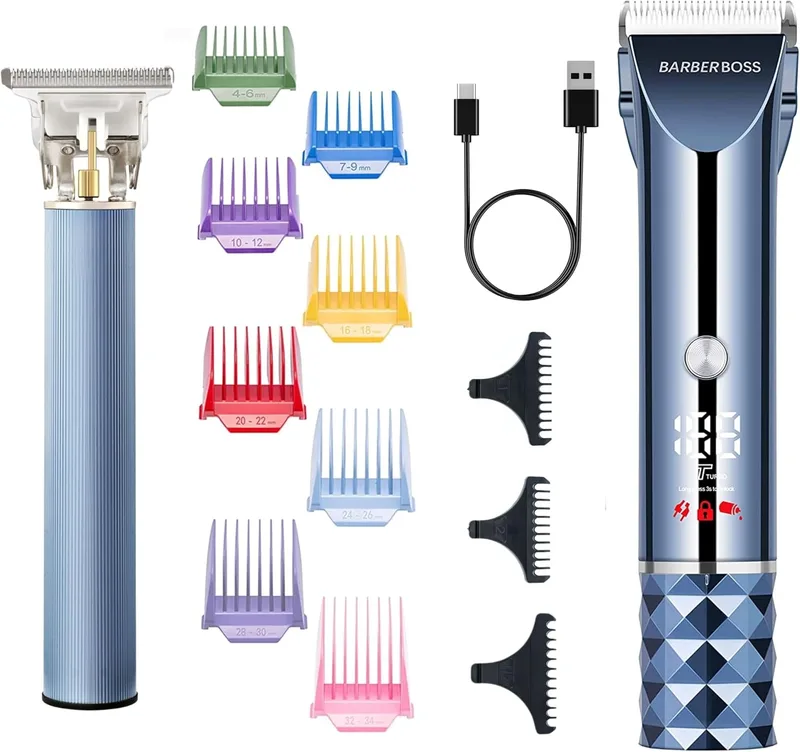 BARBERBOSS ▫️ Máquina de cortar cabelo profissional para homem, aparador de barba e cabelo sem fios com ecrã LED, modo Turbo, lâmina de titânio-cerâmica e 8 pentes-guia coloridos, kit de cuidados pessoais