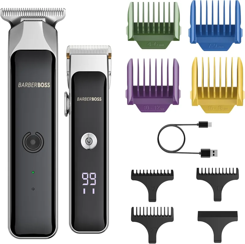 BARBERBOSS ▫️ Kit de máquina de cortar cabelo para homem máquinas de barbear sem fios com 7 pentes, esfera de comprimento ajustável, duas configurações de velocidade, carregamento por USB e lâminas de cerâmica