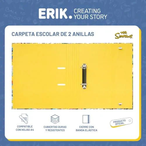 Grupo Erik ▫️ Pasta com 2 argolas Simpsons - Pasta escolar A4 com argolas, capa dura e elástico | Material escolar e artigos de papelaria para o regresso às aulas 2