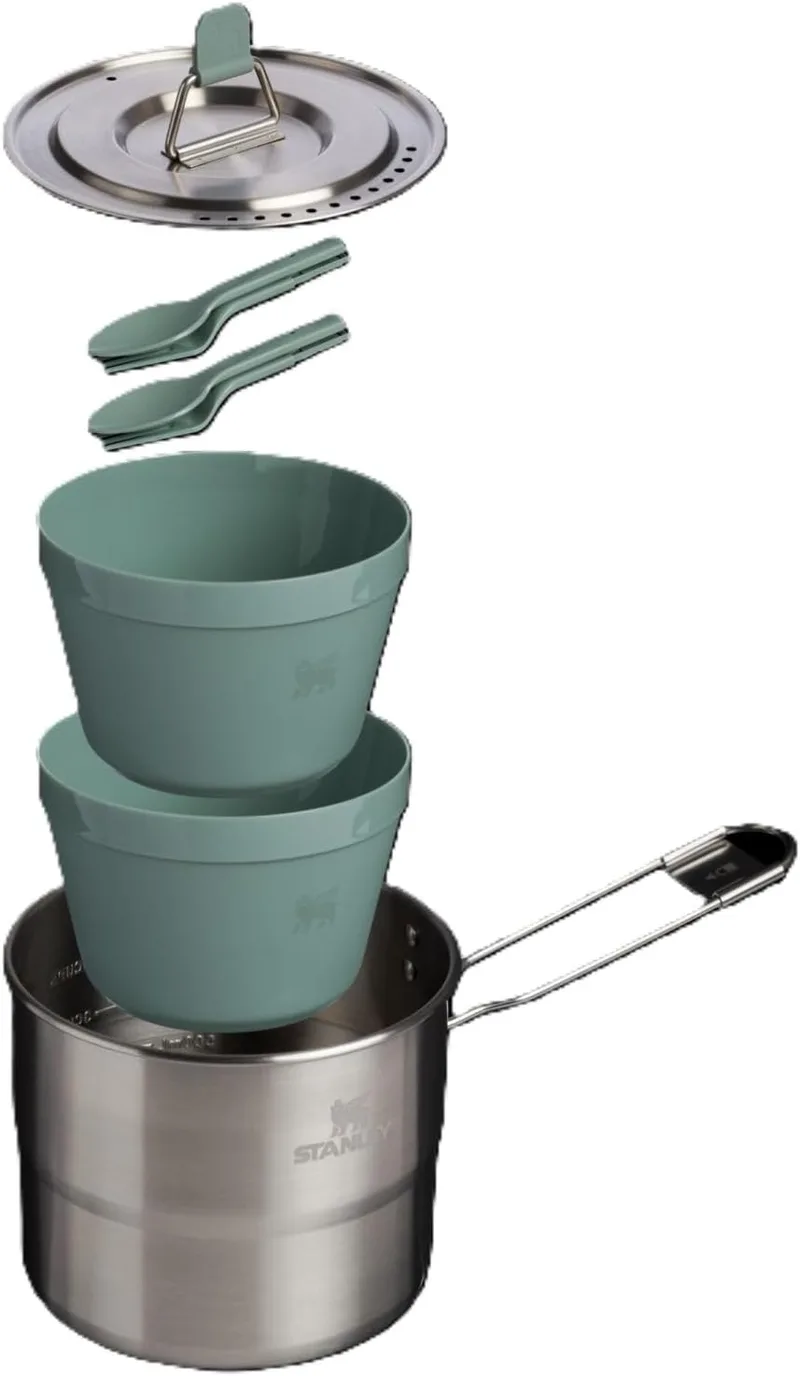 STANLEY ▫️ 1913 Wildfare Go Two Bowl Cookset 1.1L - Conjunto de panelas de campismo de 6 peças - Panela de aço inoxidável com tampa - Para caminhadas e campismo - Xisto/Carvão vegetal