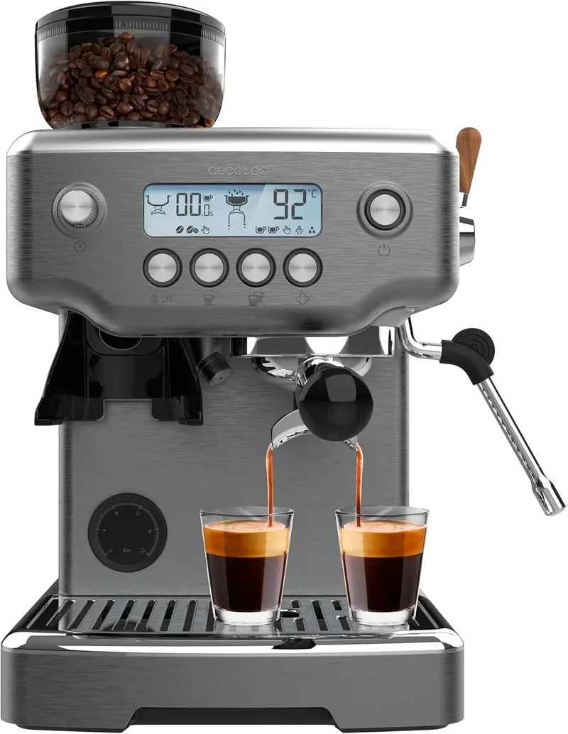 Cecotec ▫️ Barista Power Espresso 20 Barista Steel & Grind. 2200W, 20Bars, moinho cónico, depósito de água de 2,1L, 180g de café, 30 níveis, termobloco, braço duplo, acessórios incluídos
