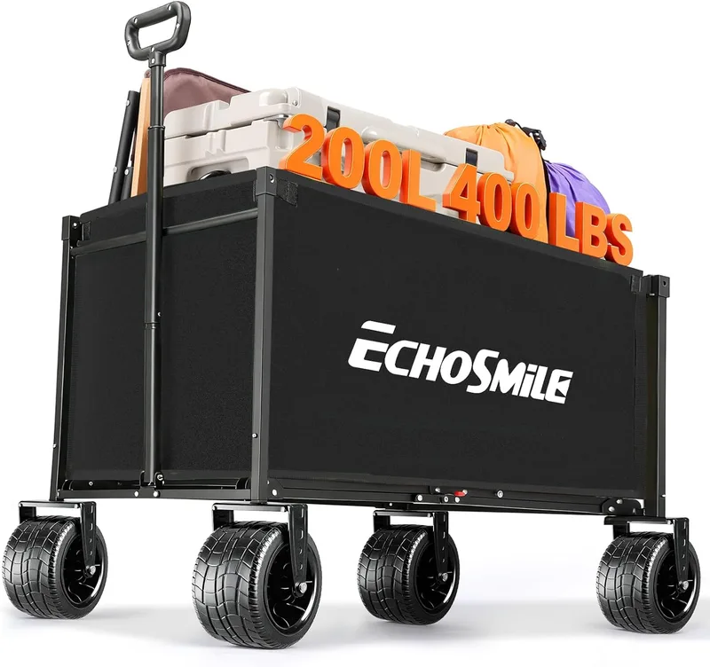 EchoSmile ▫️ Carrinho dobrável de 200 L e 180 kg, carrinho de mão, carrinho de transporte, carrinho com pega ajustável, rodas largas, todo-o-terreno, para praia, campismo, jardim e compras (preto)