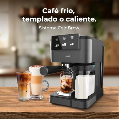 Cecotec ▫️ Máquina de Café Expresso Semiautomática Power Espresso ColdBrew Latte Oscuro. 1350 W, 20 bar, frio, morno ou quente, ecrã tátil, depósito de água de 1,5 L, depósito de leite de 500 ml, braço duplo 3