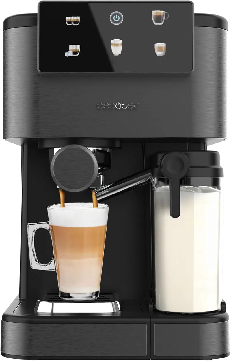 Cecotec ▫️ Máquina de Café Expresso Semiautomática Power Espresso ColdBrew Latte Oscuro. 1350 W, 20 bar, frio, morno ou quente, ecrã tátil, depósito de água de 1,5 L, depósito de leite de 500 ml, braço duplo