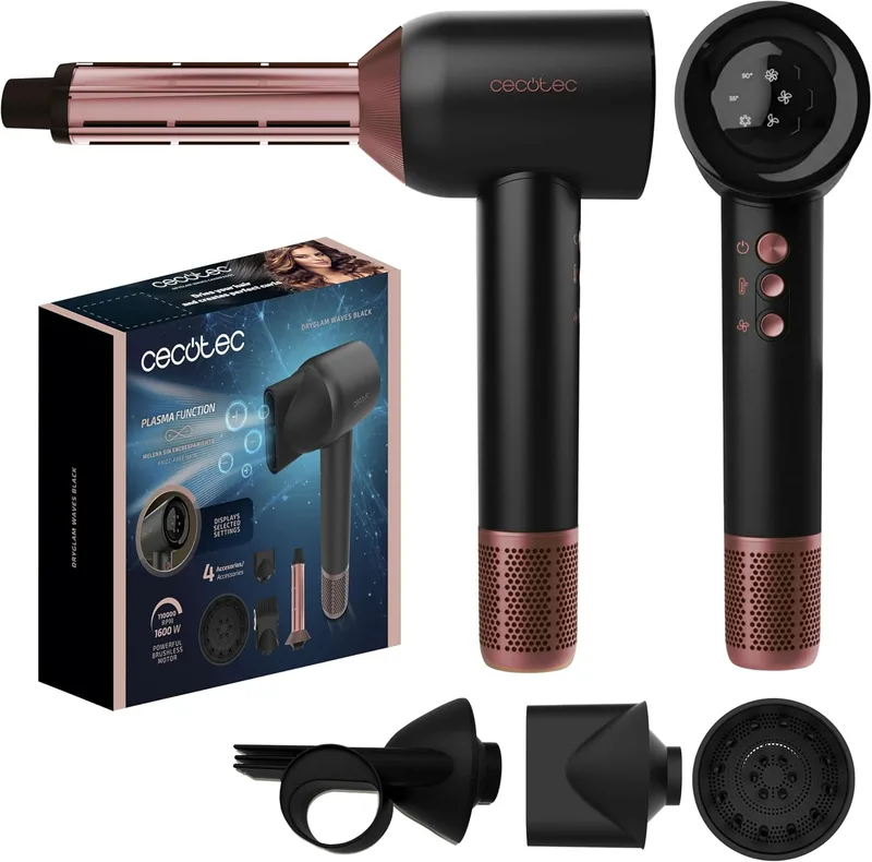 Cecotec ▫️ Secador de cabelo com tecnologia de plasma DryGlam Waves Black. 1600 W, 110 000 RPM, motor sem escovas, bicos com efeito Coanda, ecrã digital, controlo inteligente da temperatura, função de memória