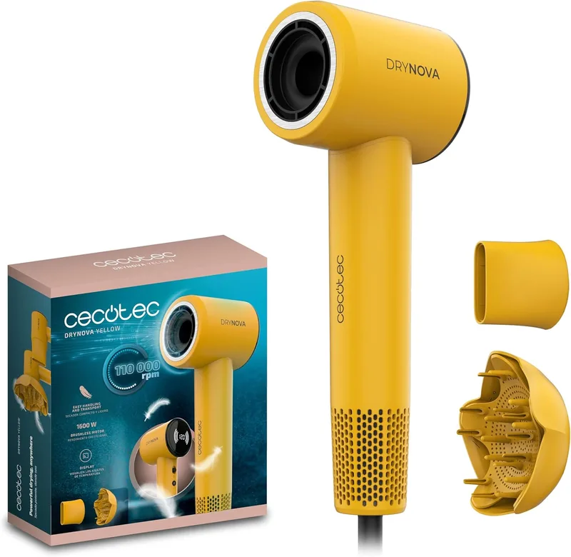 Cecotec ▫️ Secador de Cabelo DryNova Yellow Sun Compacto e Leve. 1600W, 110000RPM, motor sem escovas, difusor e concentrador, gerador de iões, silencioso e durável, 4 definições de temperatura