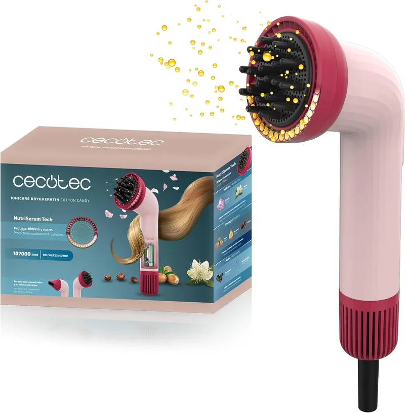 Cecotec ▫️ Secador de cabelo compacto IoniCare Dry&Keratin Cotton Candy. 1200 W, 107 000 RPM, motor sem escovas, função iônica, bocal com tecnologia NutriEssence e pinos rígidos, bocal concentrador, cor-de-rosa
