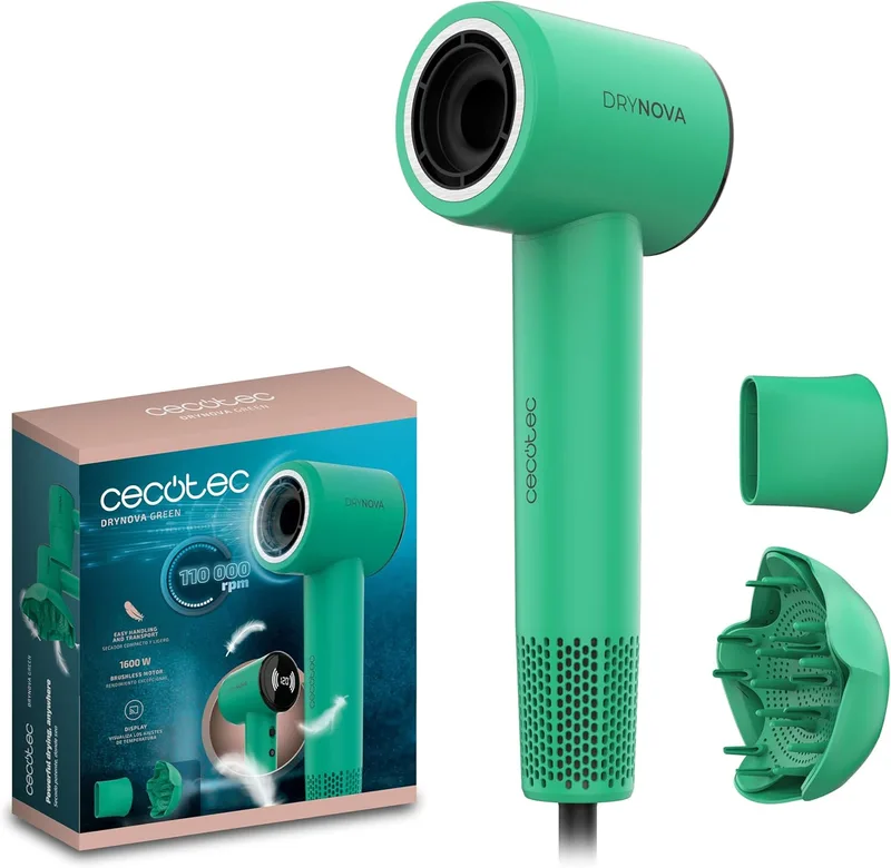 Cecotec ▫️ Secador de cabelo compacto e leve DryNova Green Leaf. 1600 W, 110 000 RPM, motor sem escovas, difusor e concentrador, gerador de iões, silencioso e duradouro, 4 níveis de temperatura