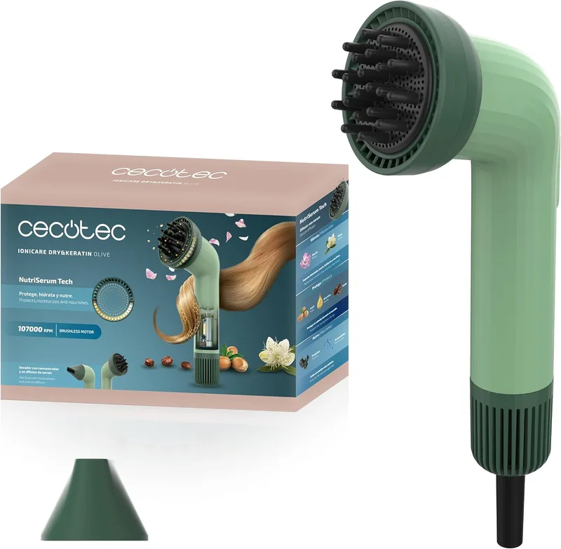 Cecotec ▫️ Secador de cabelo compacto IoniCare Dry&Keratin Olive. 1200 W, 107 000 RPM, motor sem escovas, função iônica, bocal com tecnologia NutriEssence e pinos rígidos, bocal concentrador, verde