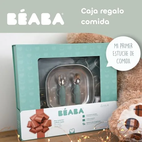 Béaba ▫️ Conjunto de Refeições para Bebés – Presente de Nascimento Completo a partir dos 4 meses – Prato de aço inoxidável para micro-ondas, talheres ergonómicos, babete com mangas, caixa de recordações – Materiais saudáveis/duradouros, verde salva 2