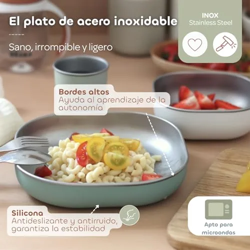 Béaba ▫️ Conjunto de Refeições para Bebés – Presente de Nascimento Completo a partir dos 4 meses – Prato de aço inoxidável para micro-ondas, talheres ergonómicos, babete com mangas, caixa de recordações – Materiais saudáveis/duradouros, verde salva 4