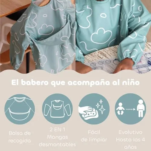 Béaba ▫️ Conjunto de Refeições para Bebés – Presente de Nascimento Completo a partir dos 4 meses – Prato de aço inoxidável para micro-ondas, talheres ergonómicos, babete com mangas, caixa de recordações – Materiais saudáveis/duradouros, verde salva 5