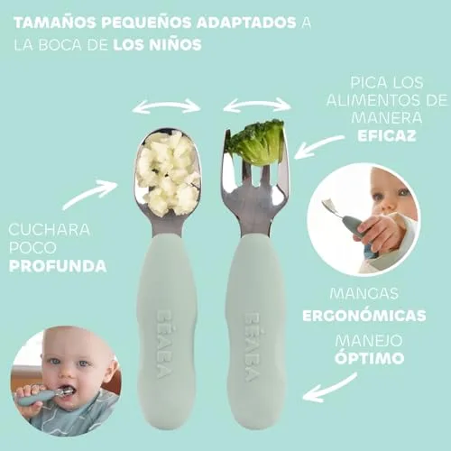 Béaba ▫️ Conjunto de Refeições para Bebés – Presente de Nascimento Completo a partir dos 4 meses – Prato de aço inoxidável para micro-ondas, talheres ergonómicos, babete com mangas, caixa de recordações – Materiais saudáveis/duradouros, verde salva 6