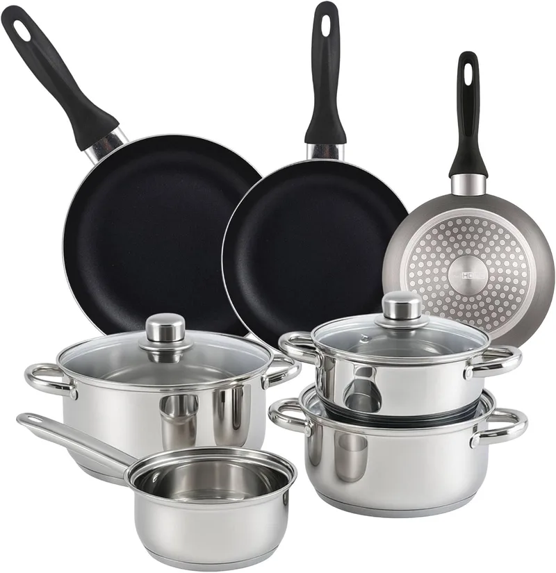 WELL HOME MOBILIARIO & DECORACIÓN ▫️ Conjunto de panelas «Bistro Series» de 7 peças em aço inoxidável + 3 frigideiras Ø16, Ø20 e Ø24 cm em alumínio prensado, cinzento metalizado