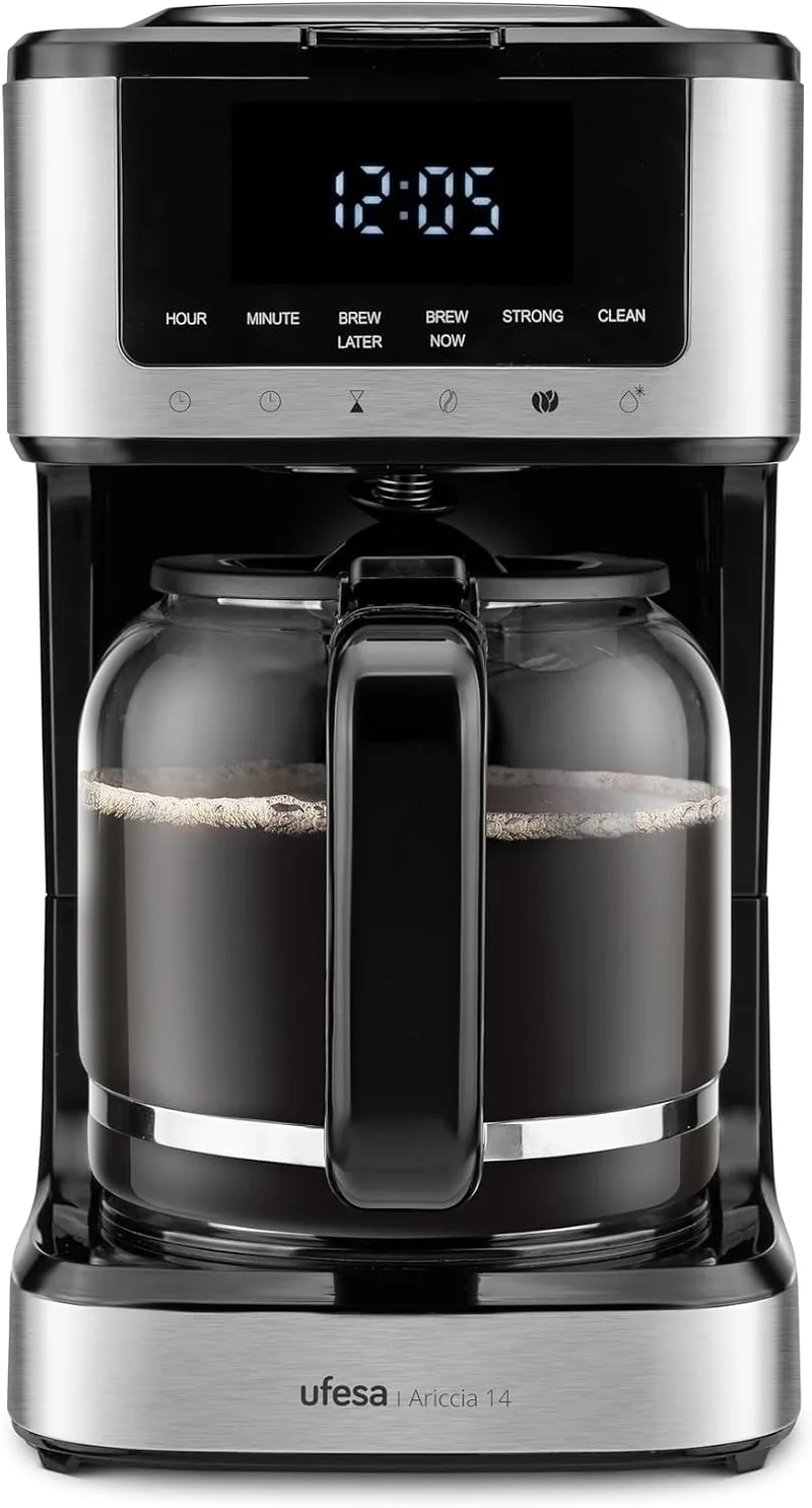 Ufesa ▫️ Máquina de café de gotejamento programável Ariccia, 900 W, 14 chávenas, 1,8 L, Ecrã Tátil, Aço Inoxidável, Filtro de Nylon Removível, Jarro de Vidro Resistente a Altas Temperaturas, Adequado para a máquina de lavar louça, Antigotejamento