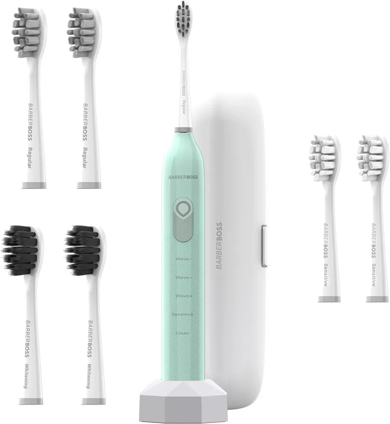 BARBERBOSS ▫️ Escova de dentes sónica para adultos, ângulos de limpeza ajustáveis, 5 modos de limpeza, 6 cabeças de escova, escova de dentes elétrica, resistência a salpicos