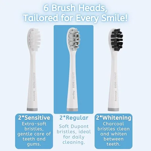 BARBERBOSS ▫️ Escova de dentes sónica recarregável para adultos, 5 modos de limpeza, escova de dentes elétrica, sensor de pressão, 6 cabeças de escova, bateria com autonomia de 60 dias, temporizador inteligente 5