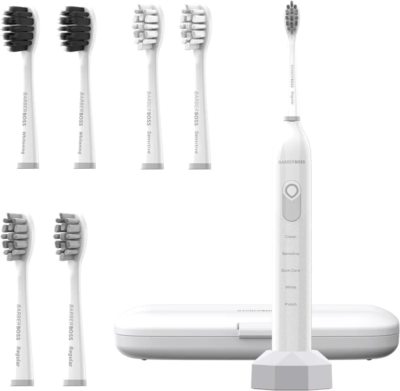 BARBERBOSS ▫️ Escova de dentes sónica recarregável para adultos, 5 modos de limpeza, escova de dentes eléctrica, sensor de pressão, 6 cabeças de escova, bateria com duração de 60 dias, temporizador inteligente