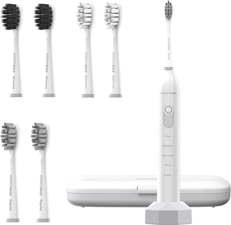 BARBERBOSS ▫️ Escova de dentes sónica recarregável para adultos, 5 modos de limpeza, escova de dentes elétrica, sensor de pressão, 6 cabeças de escova, bateria com autonomia de 60 dias, temporizador inteligente
