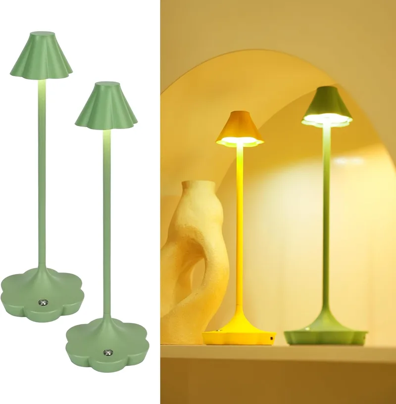 LuminexDesigns ▫️ Conjunto de 2 candeeiros de cabeceira, candeeiro de mesa recarregável para sala, candeeiro sem fios com luz de longa duração, IP54, design floral, 3 temperaturas de cor, intensidade regulável, ambiente acolhedor, verde, AVEL TL18