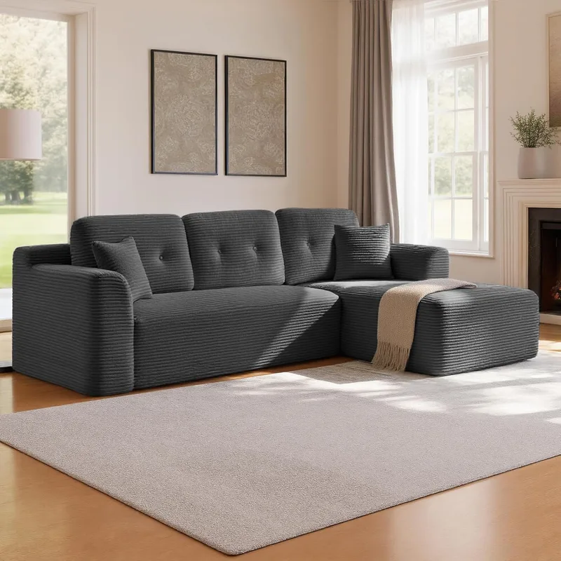 VASAGLE ▫️ Sofá de canto sofá modular de 244 cm, entrega compacta, sem montagem, com grande chaise longue à direita, para sala de estar ou quarto de hóspedes, cinzento ardósia LCS184GN01