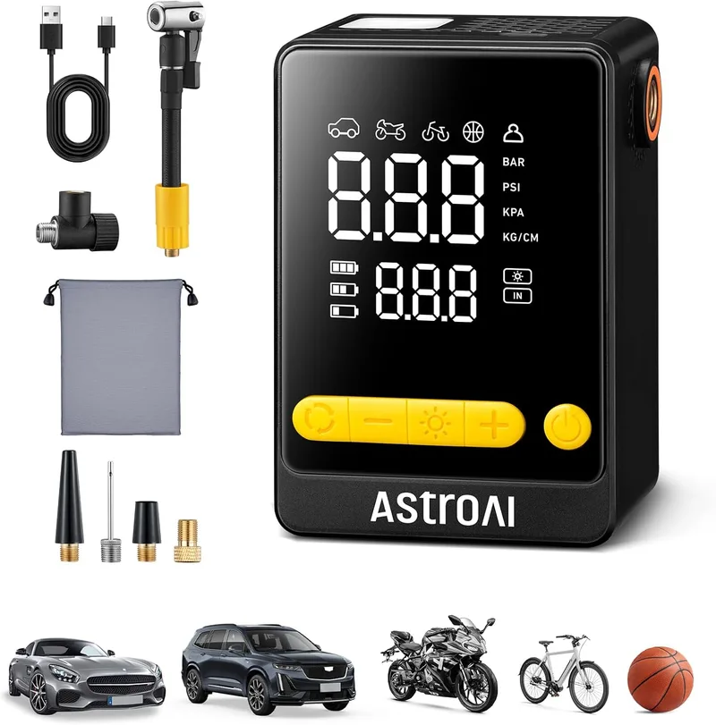 AstroAI ▫️ Compressor de ar portátil insuflador de pneus para automóvel, compressor de ar elétrico sem fios 2 vezes mais rápido, com ecrã grande, paragem automática, para automóvel, bicicleta, motociclo e outros.