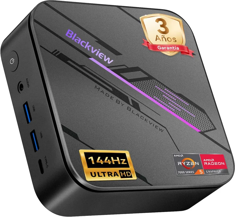 Blackview ▫️ Mini PC MP100Pro, Windows 11 Pro, AMD Ryzen 5 7430U (6 núcleos/12 threads, até 4,3 GHz), Mini-computadores de secretária com 16 GB de RAM e SSD M.2 de 512 GB, três ecrãs 4K a 144 Hz/Wi-Fi 6/Bluetooth 5.2/para escritório, casa e jogos