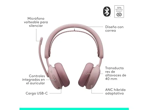 Logitech ▫️ Zone Wireless 2 ES - Auscultadores sem fios - Rosa 6