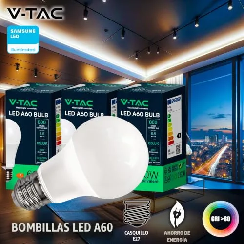 V-TAC ▫️ 10x Lâmpadas LED E27 - [ Alta eficiência 8,5 W ] - A60 - (Equivalentes a 60 W) - Lâmpadas de nova geração de baixo consumo - 806 lúmenes - Luz branca fria 6500 K 2