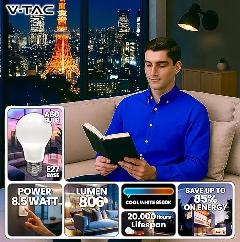 V-TAC ▫️ 10x Lâmpadas LED E27 - [ Alta eficiência 8,5 W ] - A60 - (Equivalentes a 60 W) - Lâmpadas de nova geração de baixo consumo - 806 lúmenes - Luz branca fria 6500 K 3