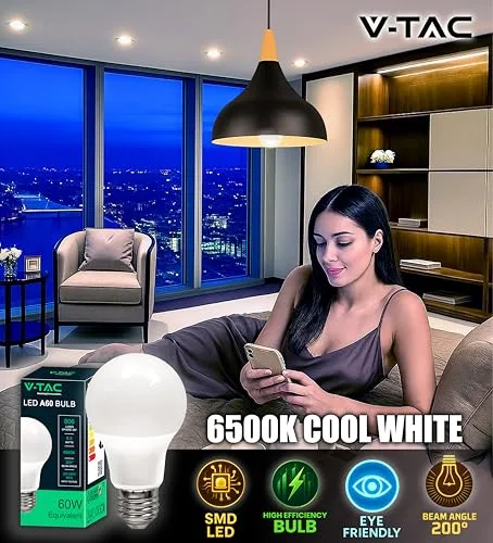 V-TAC ▫️ 10x Lâmpadas LED E27 - [ Alta eficiência 8,5 W ] - A60 - (Equivalentes a 60 W) - Lâmpadas de nova geração de baixo consumo - 806 lúmenes - Luz branca fria 6500 K 4